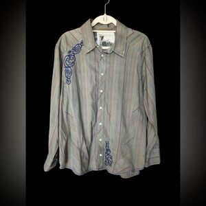 Johnny Was Gray Plaid Shirt with Blue Embroidery